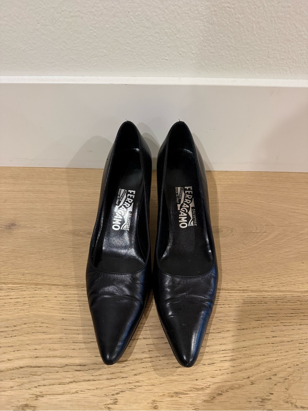 Salvatore Ferragamo Black Pointed Toe Leather Pumps